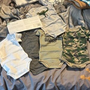 Baby Onesie Lot - Neutral Dino, Camo & Striped Styles, 5 BNWT